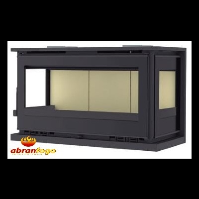 Lareira metálica preta com vidro e interior bege