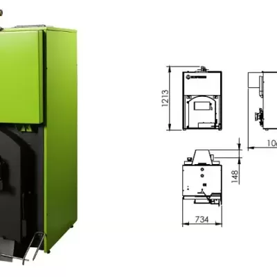 Caldeira Ecoforest verde com porta preta e desenho técnico das dimensões