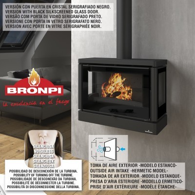 Lareira BRONPI com porta em vidro preto serigrafado instalada numa parede cinza, chama visível no interior, texto técnico multilíngue ao lado.