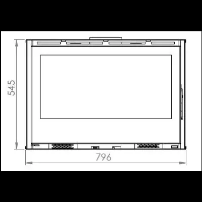 Desenho técnico de dispositivo rectangular com ecrã central e dimensões