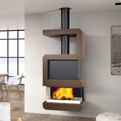 Lareira BRONPI suspensa com fogo visível e design moderno castanho e preto