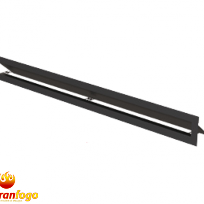 Regua de iluminação preta linear e alongada sobre fundo branco com logótipo