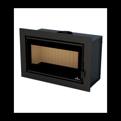 Lareira de embutir metálica preta com interior cerâmico bege