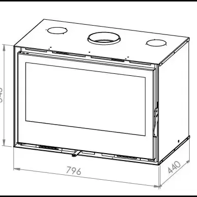 Desenho técnico de lareira ou inserto de fogão a lenha com dimensões