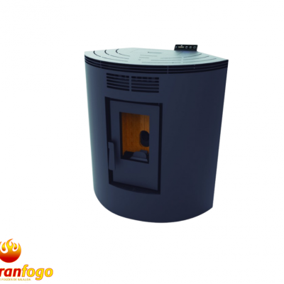 Aparelho de aquecimento azul escuro com porta de vidro e logomarca Abranfogo