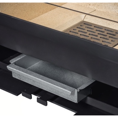 Bico de lareira metálico preto com bandeja cinza e vidro