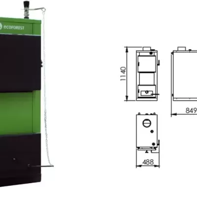 Caldeira verde com portas pretas e desenho técnico com dimensões