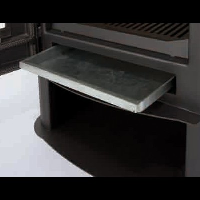 Forno ou salamandra metálico cinzento com prateleira frontal