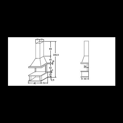Desenho técnico de chaminé com dimensões em centímetros