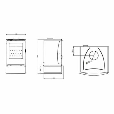 Desenho técnico de fogão com vista frontal, lateral e superior com medidas