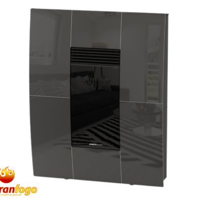 Salamandra preta brilhante com grelha central e decoração de fundo