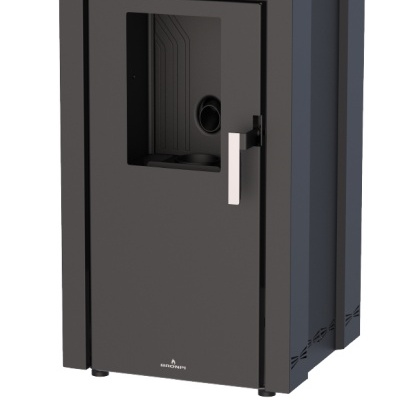 Estufa de pellet preta com porta de vidro e logotipos Bio e BRONPI