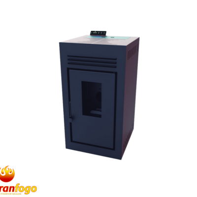 Calefator metálico azul escuro com porta de vidro e painel de controle