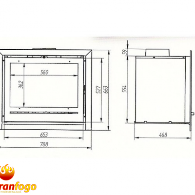 Desenho técnico de lareira embutida com vidro e medidas