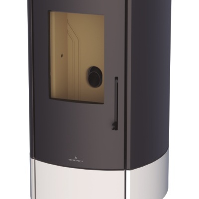 Lareira a pellets preta redonda com painel de vidro e acabamento cinzento