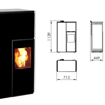 Aparelho de aquecimento preto e branco com fogo visível na frente e desenhos técnicos