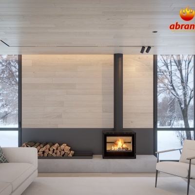 Sala de estar com lareira embutida e decoração moderna