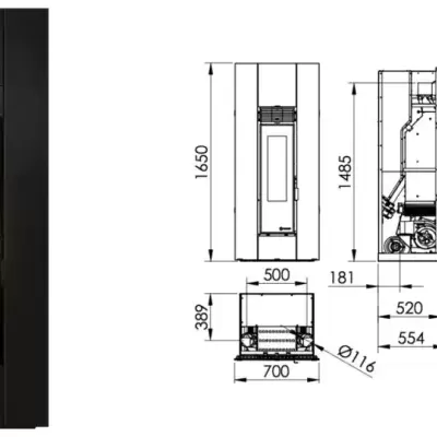 Aparelho de parede preto com chama visível e desenhos técnicos com dimensões
