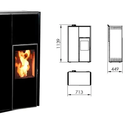 Aquecedor de pellets preto com desenho técnico e medidas