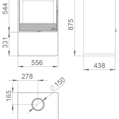 Desenho técnico com medidas de um eletrodoméstico retangular com janela frontal