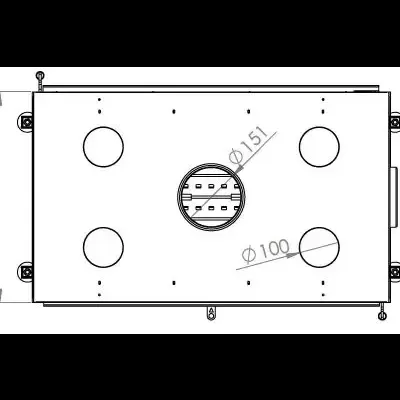Desenho técnico de caixa retangular com círculos e dimensões