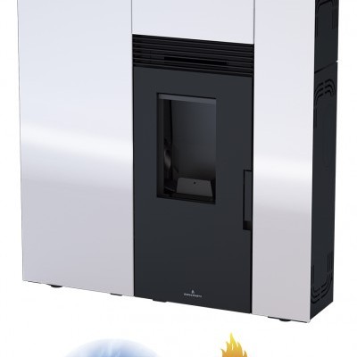 Estufa de pellets Bronpi preta e branca com porta de vidro e logótipo Bio Bronpi