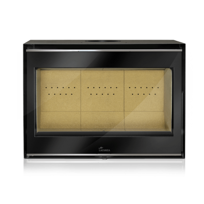 Lareira metálica preta com vidro frontal e interior bege perfurado