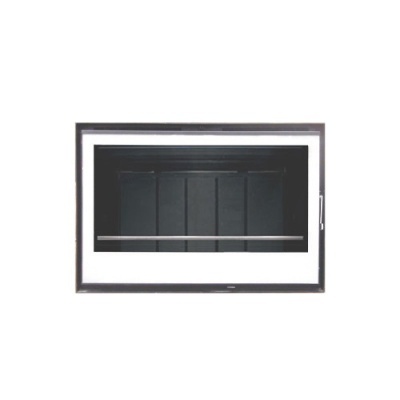 Expositor retangular preto com porta de vidro e moldura branca