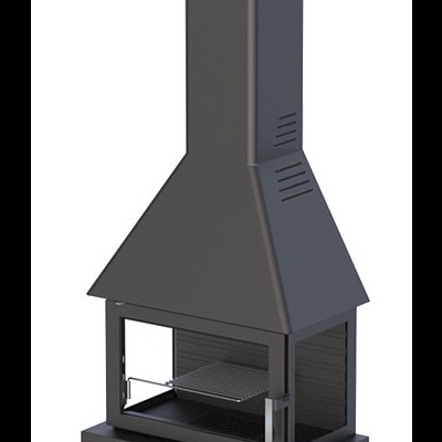 Lareira metálica preta freestanding com chaminé e porta de vidro da marca BRONPI