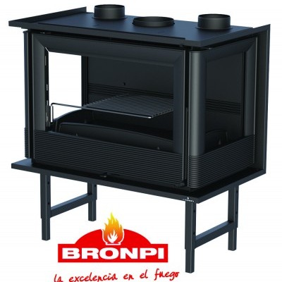 Lareira preta de metal com vidro e logótipo BRONPI