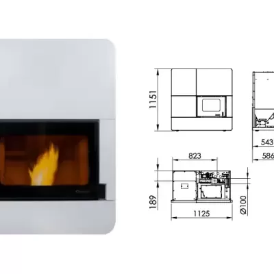 Lareira branca com porta de vidro negro e desenhos técnicos com medidas.