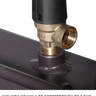 válvula de sobrepressão preta e dourada com texto em várias línguas.