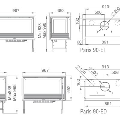 Desenhos técnicos de lareiras Paris 90-E1 e Paris 90-ED com medidas detalhadas