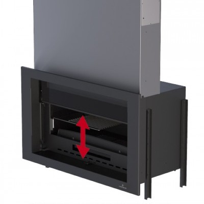 Lareira metálica preta e cinzenta com porta de vidro e grelha ajustável