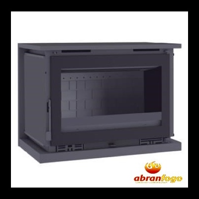 Lareira de embutir em metal cinza com porta de vidro