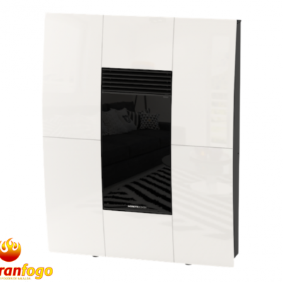 Estufa pellet branca com painel preto e logótipo Abranfogo