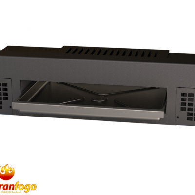 Forno industrial preto com porta aberta e logotipo abran fogo