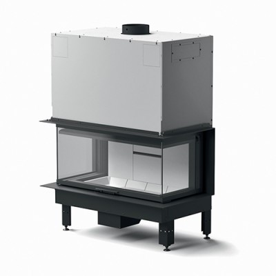 Lareira metálica cinza e preta com vidro frontal e lateral