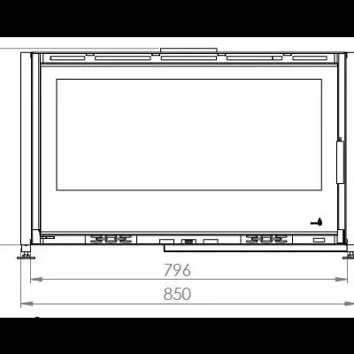 Desenho técnico de lareira embutida com vidro e medidas.