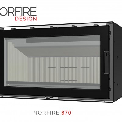 Recuperador de calor metálico preto com vidro frontal grande e interior cinzento