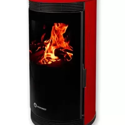 Lareira redonda vermelha com porta de vidro preta e chama visível
