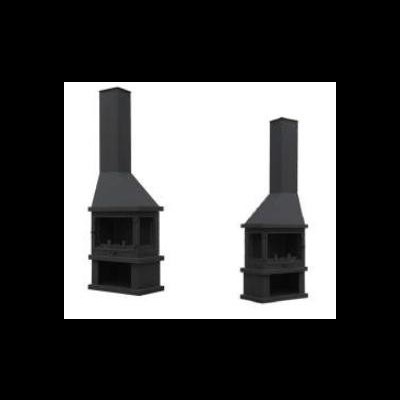 Lareira de canto metálica preta com chaminé alta e vidro