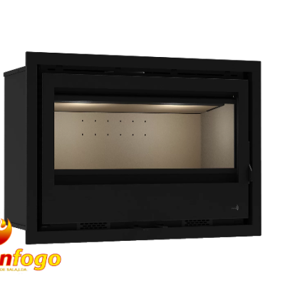 Lareira de embutir preta com vidro transparente e luz interior