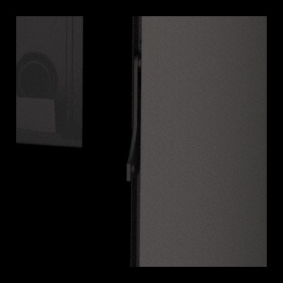 Parte lateral de aparelho eletrônico preto fosco junto a superfície cinzenta