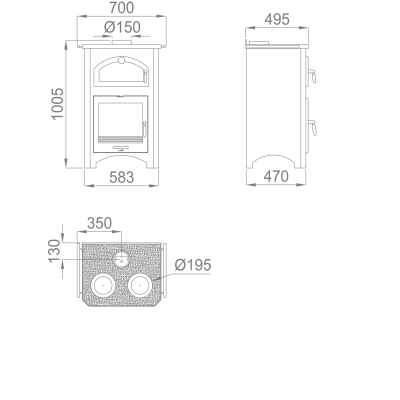 Desenho técnico em preto e branco de um fogão com medidas
