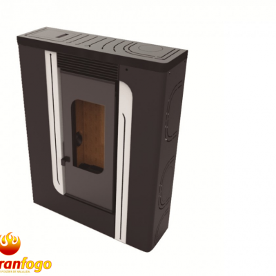 Salamandra a pellets preta com porta de vidro e logótipo 'abranfogo'
