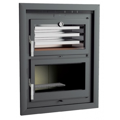 Forno preto de metal com portas de vidro e termómetro