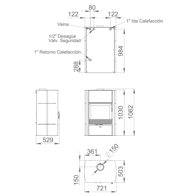 Desenho técnico de aparelho de aquecimento com dimensões e anotações