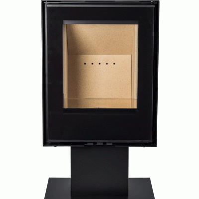 Lareira a lenha preta com vidro frontal e interior bege