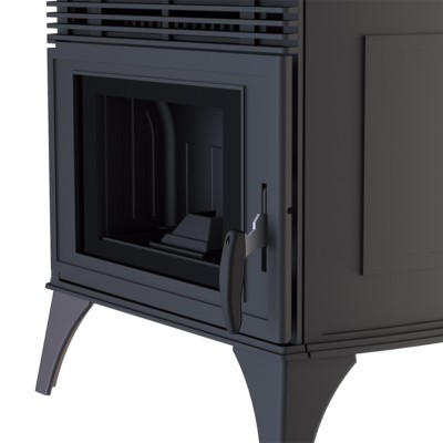 Lareira preta de ferro fundido com porta de vidro e pés arqueados